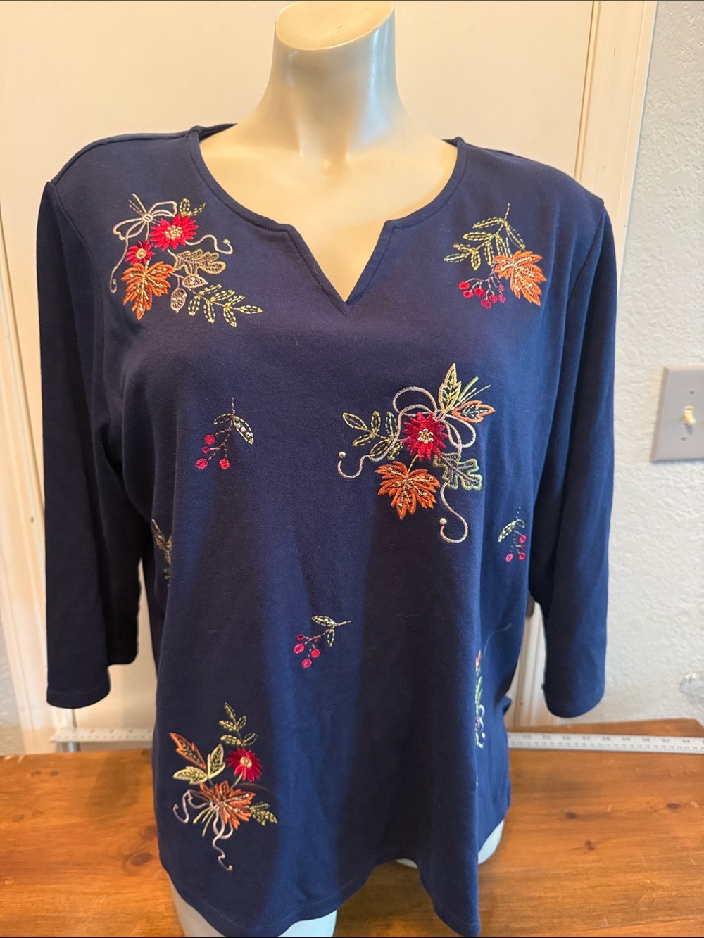 Alfred Dunner Navy Long Sleeve Top with Floral Embroidery Accents